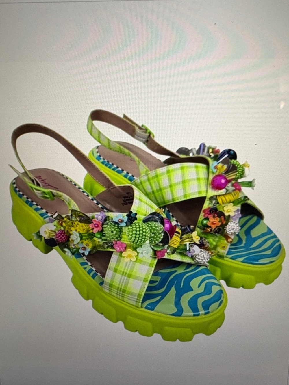 Betsey Johnson Frankee Neon Green Plaid Platform Sandals with Floral Jewels  7